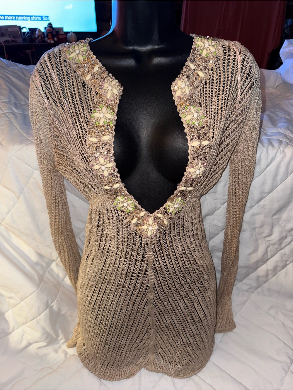 Vintage Y2K Victoria’s Secret Jeweled Sequin Crochet Swim Cover Up Plunge